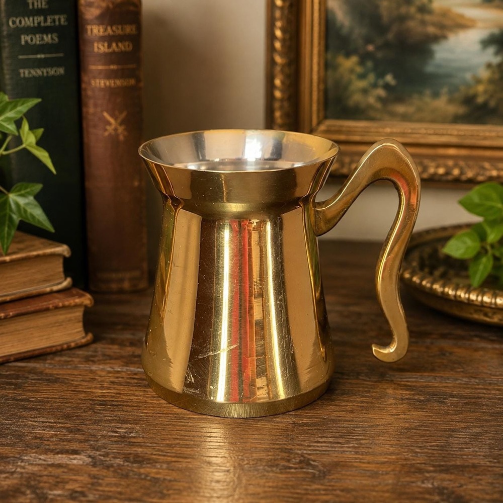 Vintage Brass Tankard Mug Polished Brass Stein Sculptural Handle Mid Century Bar